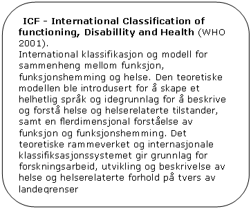 Avrundet rektangel: ICF - International Classification of functioning, Disabillity and Health (WHO 2001). 
International klassifikasjon og modell for sammenheng mellom funksjon, funksjonshemming og helse. Den teoretiske modellen ble introdusert for  skape et helhetlig sprk og idegrunnlag for  beskrive og forst helse og helserelaterte tilstander, samt en flerdimensjonal forstelse av funksjon og funksjonshemming. Det teoretiske rammeverket og internasjonale klassifiksasjonssystemet gir grunnlag for forskningsarbeid, utvikling og beskrivelse av helse og helserelaterte forhold p tvers av landegrenser 
